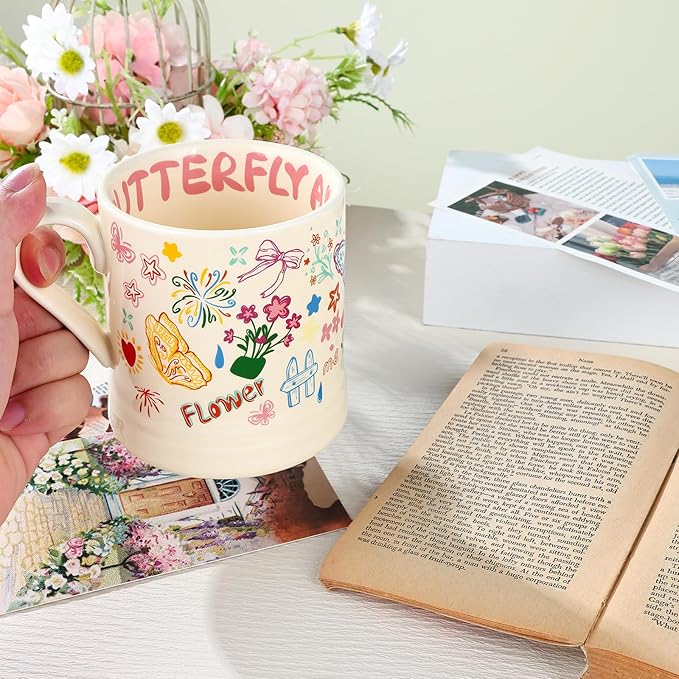 Flower Mug, Butterfly Gifts for Women, Funny Aesthetic Ceramic Cup for Cappuccino Espresso Tea Milk Juice, Cute Coffee Mug for Christmas Holiday Party, Dishwasher Safe