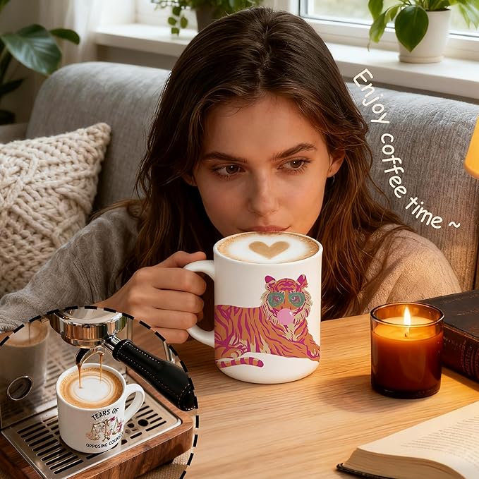 Pink and Orange Funny Tiger Mug, Gifts for Tiger Lovers Coffee Cup, Animal Lover Gifts for Women, Preppy Trendy Tigers Ceramic Coffee Mug 11 oz