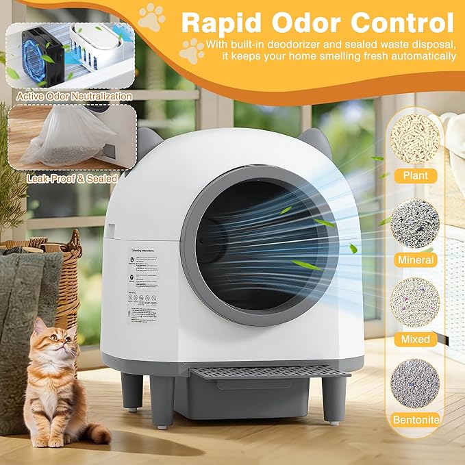 Automatic Self Cleaning Litter Box for Multiple Cats, Featuring 80L Large Capacity, APP Control, Safety Sensor & Odor-Free Waste Disposal, Includes 2 Roll Garbage Bags (Enclosed-Top)