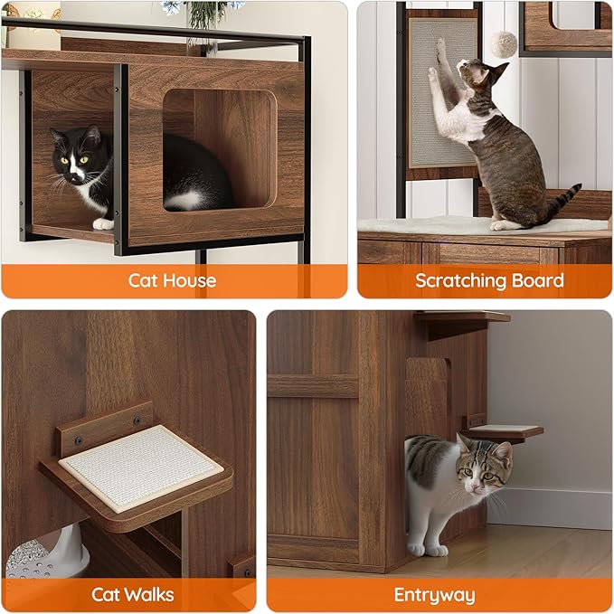 HOOBRO Cat Automatic Litter Box Enclosure Furniture, 30.5" L x 26.8" W x 61" H, Hidden Robotic Litter Box Cabinet, Dog-Proof Shelf with Charging Station, Scratching Mat, Bowls, Walnut WL68UMZ03N1
