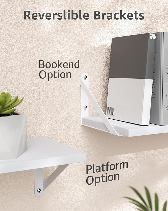 COCOYA Wall Shelves 7.3" Deep Set of 2, Solid Paulownia Wood Wider Longer Sturdy Easy to Install Wall Mounted Bookshelves Storage Shelves Bathroom Storage Office Laundry Room Bedroom Organizer White