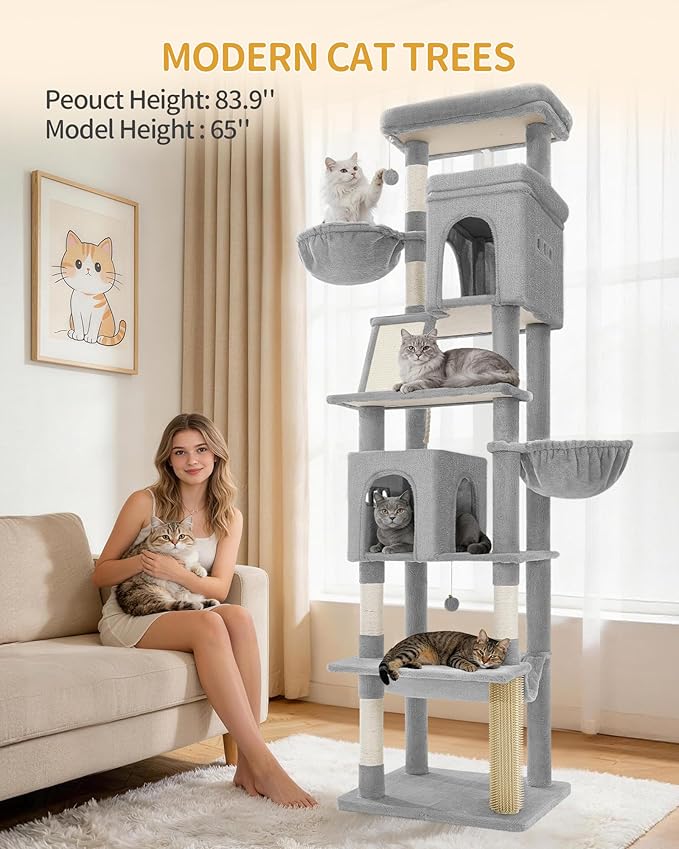 Hzuaneri Large Sturdy Cat Tree Tower, 84 Inch Tall Pet Condo For 7 Large Cats, Cat Tree Indoor Climbing Activity Tower, 2 Large Platform/2 Cave/2 Hanging Basket/5 Scratching Post, Light Grey MS21318LG
