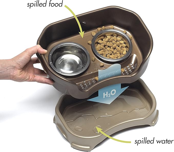 Neater Feeder Deluxe Mess-Proof Elevated Cat Bowls, 2 Height Adjustable (6” & 7.5”) No-Spill Raised Cat Bowl Stand, Whisker Friendly Stainless Steel Dishes for Indoor Cats, Made in USA, Bronze
