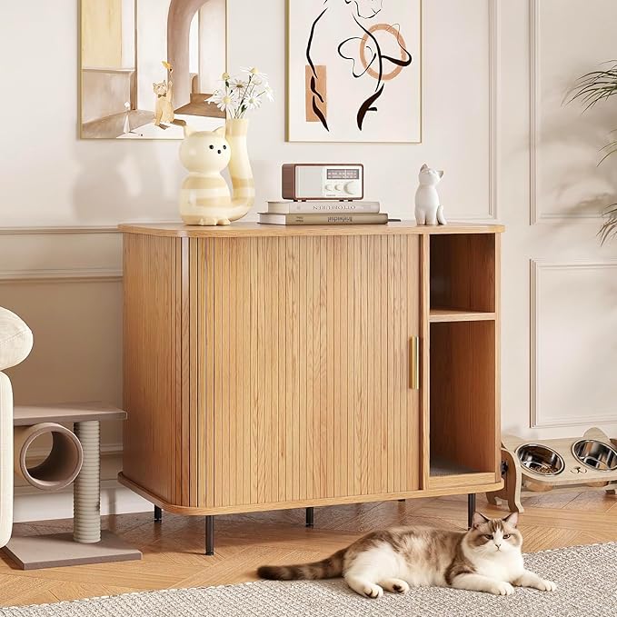 Large Litter Box Enclosure with Charging Station for Automatic Litter Box & Cat Robot 3/4, Hidden Litter Box Furniture with Dog-Proof Shelf, Scratch Pad, Wooden Cat Box Enclosure, Natural