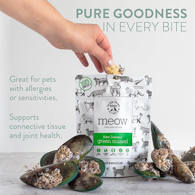 The New Zealand Natural Pet Food Co. Meow Freeze Dried Cat Treats - New Zealand Green Mussel, High Protein, Healthy Cat Snacks and Toppers, All Natural for All Life Stages, 1.76 oz