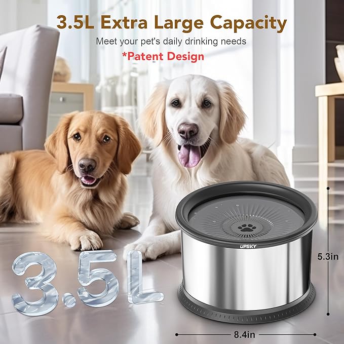 UPSKY 3.5L Dog Water Bowl,Large Capacity No Spill Dog Water Bowl,Stainless Steel Spill Proof Slow Water Feeder,No Splash Water Bowl with Anti-Slip Mat for Messy Drinkers Grey, C.3.5L