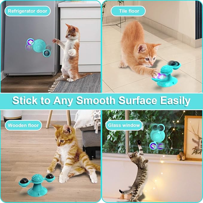 Interactive Windmill Cat Toys with LED Light Ball Suction Cup Catnip Toy for Cat Exercise (Pink)