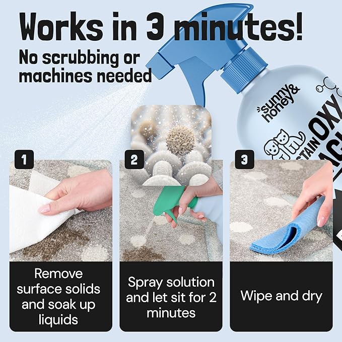 Sunny & Honey Oxy Pet Stain and Surface Odor Remover - Fast Acting Carpet Cleaner Spray to Eliminate Dog Pee, Vomit, and Stubborn Stains - Unscented, 32oz