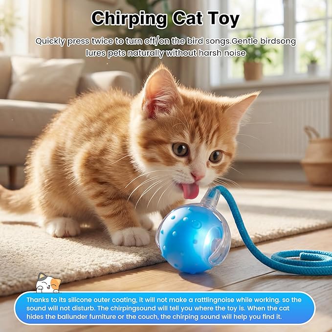 ZUAMEGUPetToy, Interactive Cat & Dog Ball Toy with Bird Sounds, Rechargeable 360° Smart Auto-Rolling Electric Pet Ball Toy (with Leash), Suitable for Indoor & Outdoor Use (Blue)