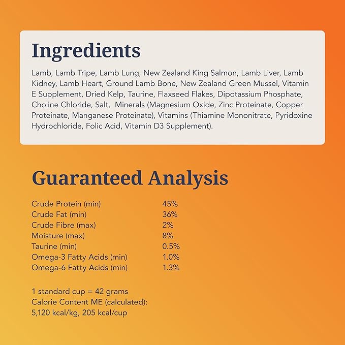 Feline Natural High Protein Dry Cat Food, Freeze-Dried Diet with 98% Meat, Organs & Seafood, No Peas, Grains, or Artificial Additives, Made in New Zealand, Lamb & King Salmon, 11oz