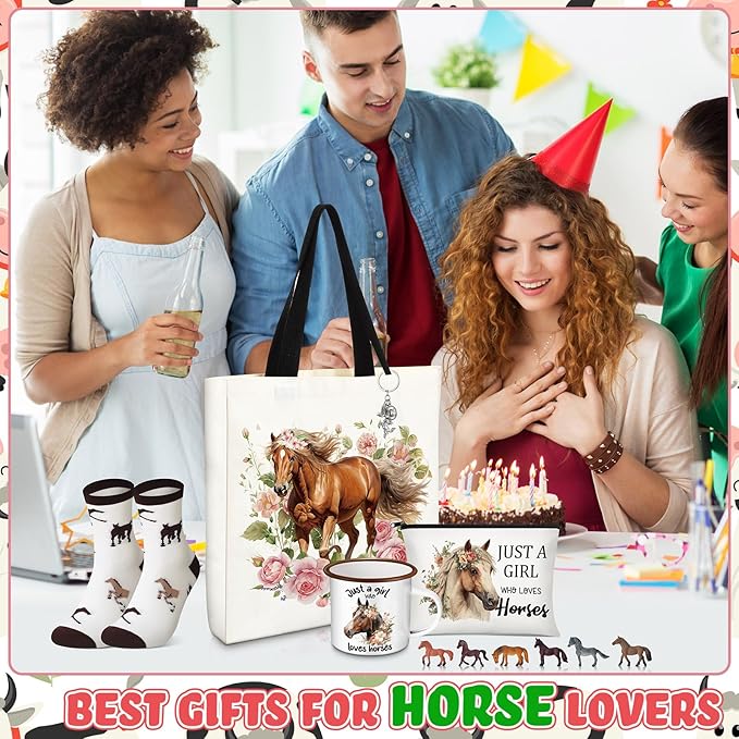 Horse Lover Gifts for Women Birthday Gifts Baskets Set Include Canvas Tote Bag, Makeup Bag, Socks, Keychain, Enamel Mug, Small Figurines for Mom, Wife, Sister, Friend