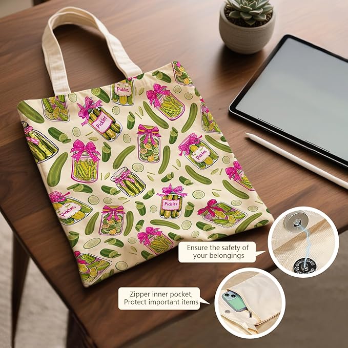 Aesthetic Canvas Tote Bag for Women - with Magnetic Snap Closure & Zipper Inner Pocket Reusable Bag for Shopping