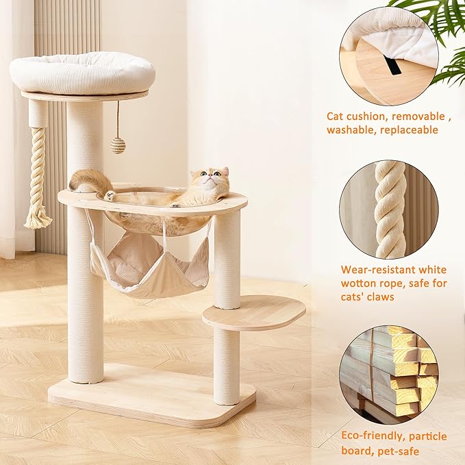 Modern Cat Tree Small Tower with Scratching Post for Indoor, Solid Wood Multifunctional Corner Cat Tree Tower with Bed