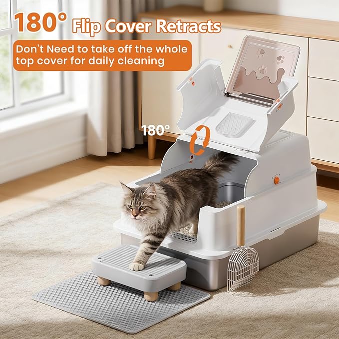 Stainless Steel Litter Box with Lid, 28" Extra Large Cat Litter Pan, Enclosed Metal Litter Box with Litter Scoop & Filter Pedal, Anti-Leakage, Odor Free, Non-Sticky, Anti-Leakage, Easy Cleaning