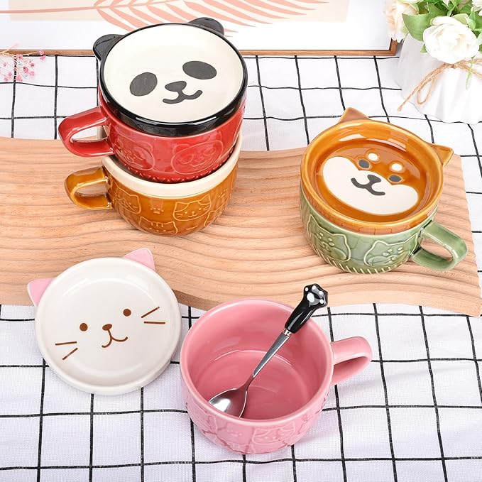 Cute Cat Coffee Mug with Lid,Animal Tea Cup with Saucer Set,Kawaii Ceramic Mugs with Biscuit Holder and Spoon,Gifts for Women,Teacher,Friend,for Mothers Day,Easter,Christmas (Pink Cat)
