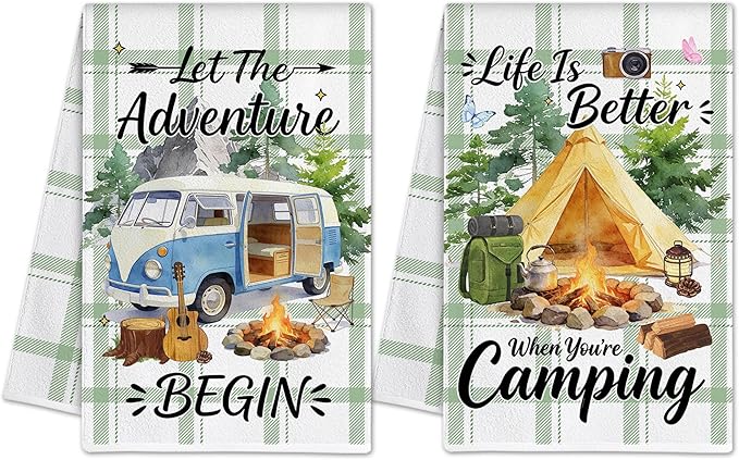 Hexagram Camping Kitchen Towels Set of 2, Camping Decor Gifts for Women, Funny Cute Housewarming Dish Hand Towels for Home Kitchen Decor