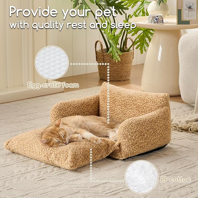 Hollypet Cat Bed Fluffy Plush Mutifuctional Double-Layer Soft Pet Couch Orthopedic Sofa Nest Beds for Small Cats and Dogs, Yellow Leopard (21x15x8 inch)