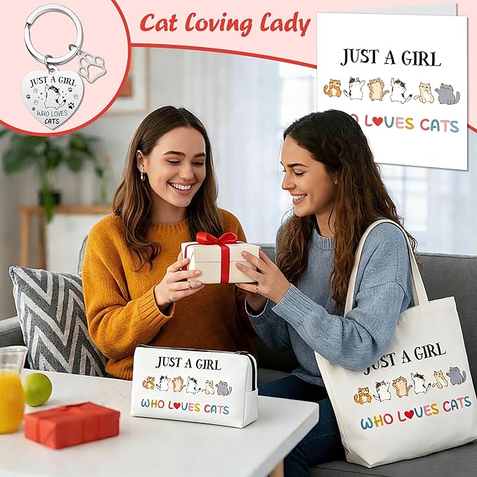 Cat Gifts Women Girls Presents - 5 Pcs Presents for Cat Lovers Including Cute Canvas Tote Bag, Makeup Bag, Card and Keyring for people who love cats Mum Auntie Wife Sisters Friends Teacher