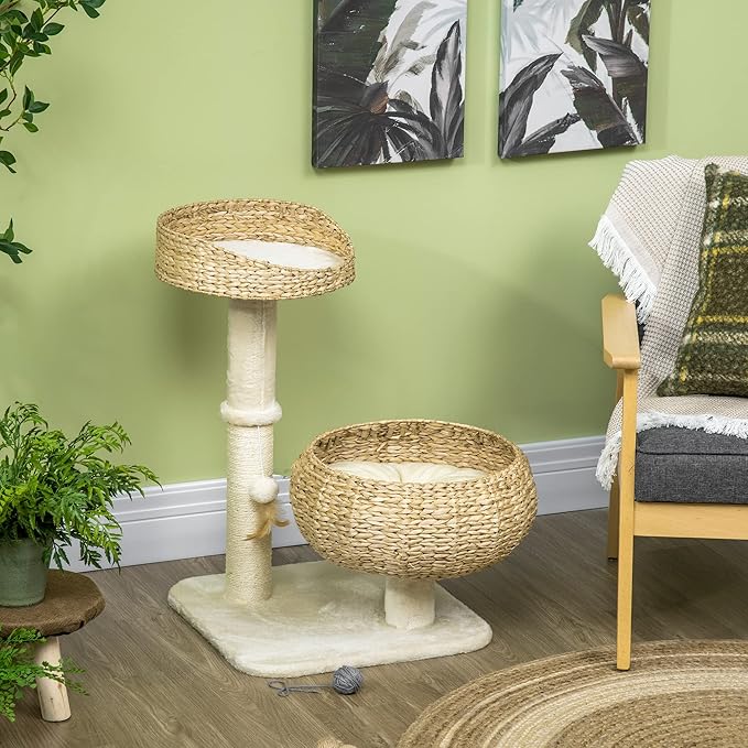 PawHut 28" Elevated Cat Bed with Sisal Scratching Post for Indoor Kitties, Modern Cat Tree with Cute Basket Design, Small Cat Tree with Fun Ball Toy