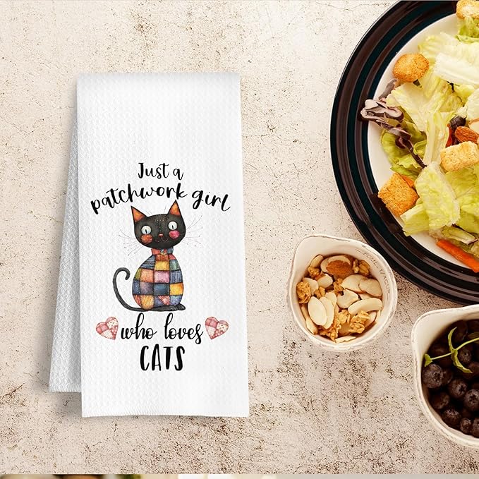 Quilter Cat Kitchen Towels, Cat Quilting Lover Gifts Dish Tea Towels, Just a Patchwork Girl Who Loves Cats Decorative Hand Towel for Bathroom Kitchen, 16x24 Inch