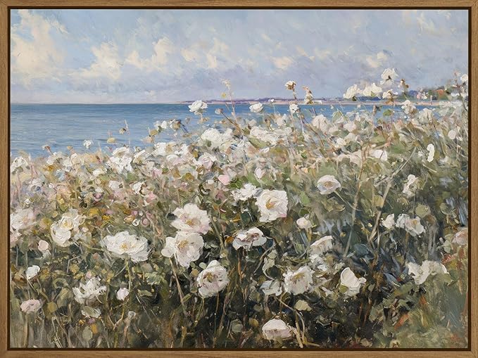 Framed Landscape Wall Art Blue Ocean Theme White Flower Pictures Wall Decor Abstract Floral Painting Prints Modern Seascape Artwork for Living Room Bedroom Bathroom Home Office Decoration, 12''x16''
