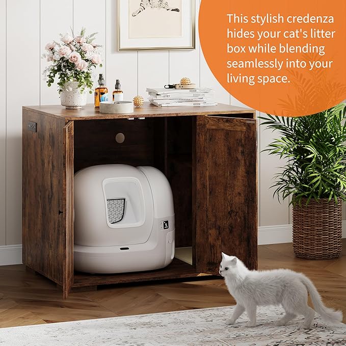 Garvee Dog-Proof Large Cat Litter Box Enclosure with Scratch Pad, Large Automatic Litter Box Furniture for Placing Self-Cleaning Litter Box,Litter Cabinet with Outlet,Space for Cat Stuffs