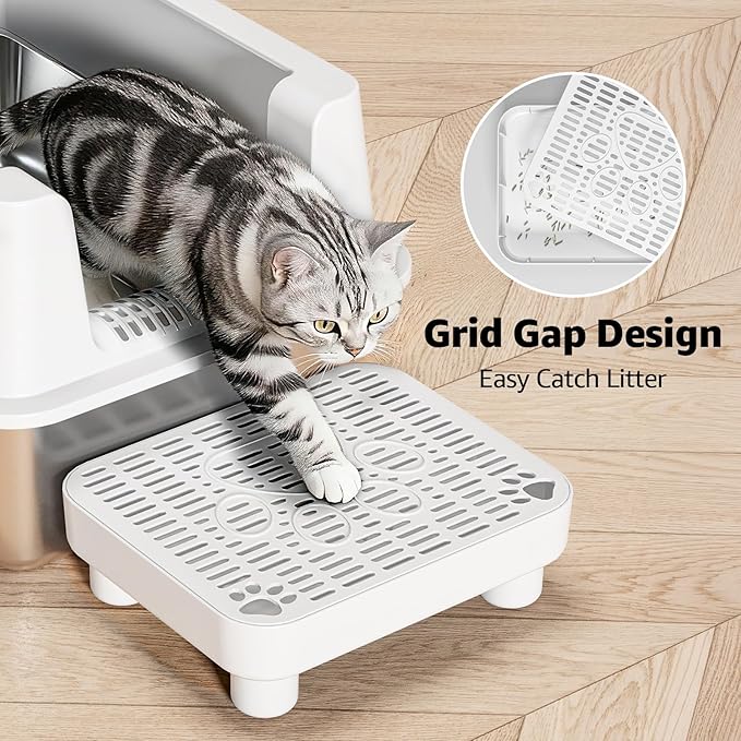 Cat Litter Box Step Ramp,Cat Litter Catcher Mat with ABS Material Base,Filter Function,Pedal Stool for Self-Cleaning Litter Box,Anti-Tracking & Non-Slip,Ideal for Kitten & Elderly Cats,White