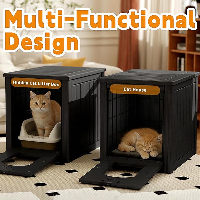 Cat Litter Box Enclosure, Multi-Functional Hidden Cat Litter Box Furniture & Cat Box Enclosure Cabinet with Side Table Design, Openable Front Door & Raised Floor, Easy to Clean & Assemble, Black