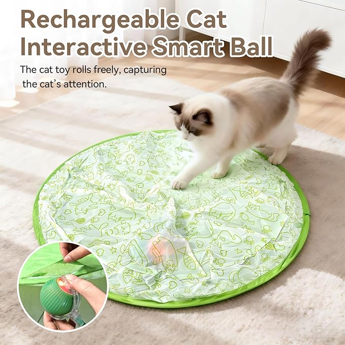 Upgraded Rechargeable Interactive Cat Toy Ball with Hunting Cover - Smart Automatic Rolling, Obstacle Avoidance, Indoor Exercise for Cats to Release Energy & Instincts (Green)