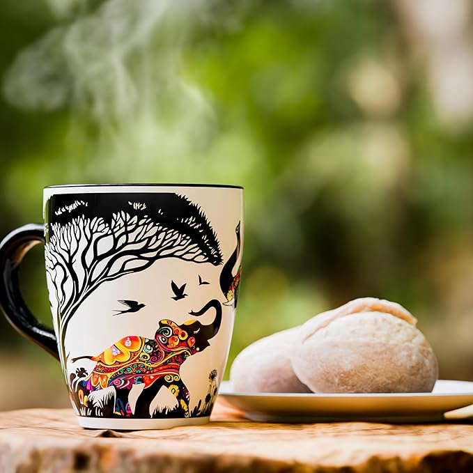 Color Changing Elephant Coffee Mug 12oz – Ceramic Heat Sensitive Cup for Coffee, Tea, Hot Cocoa & Milk – Magical Elephant Mug with Floral Reveal – Unique Gift for Elephant Lovers, Women, Mom, Grandma