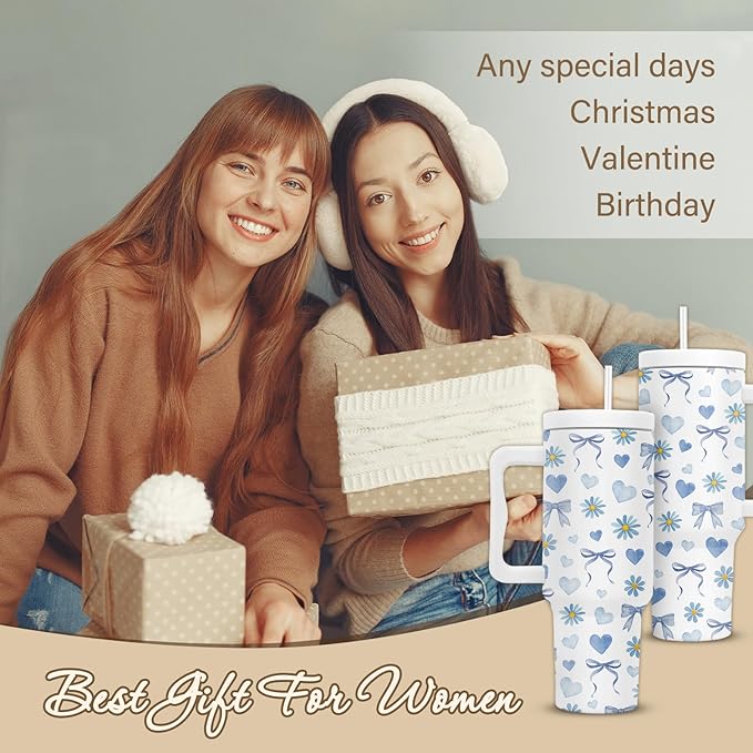 Bow Tumbler With Handle 40 Oz, Blue Bow Insulated Tumbler For Women, Christmas Gifts For Women Girls Mom Wife Friends, Blue And White Christmas Insulated Cup