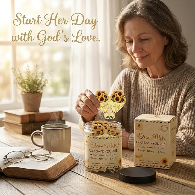 Bible Verse Jar for Mom — Dear Mom God Says You Are, 60 Daily Scripture Encouragement Cards, Sunflower Affirmation Jar, Christian Mothers Day Gift from Daughter Son