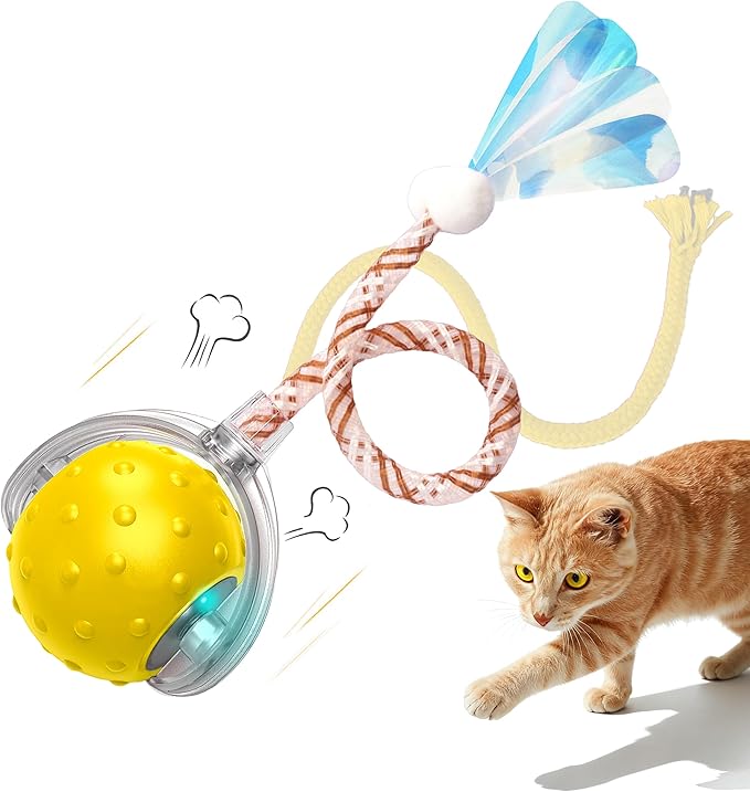 Interactive Cat Toy LED Rolling Ball — Motion-Activated, USB-C Rechargeable, 3 Play Modes, Replaceable Tails — Quiet Automatic Ball for Indoor Cats & Kittens — Safe & Durable (Yellow)