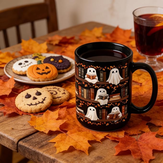 Halloween Cute Ghost Reading Coffee Mug, 15oz Black Ceramic Novelty Tea Cup, Spooky Halloween Ghost & Book Themed Mug for Book Lovers & Readers, Fun Festive Bookish Gift for Women, Men & Coworkers