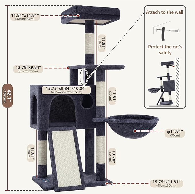 Gitelsnour Cat Tree, 42.1" Cat Tower for Indoor Kittens with Scratching Board and Posts, Multi-Level Cozy Cat Condo with 2 Perches, Hammock, Balls, Smoky Gray GCT005SG