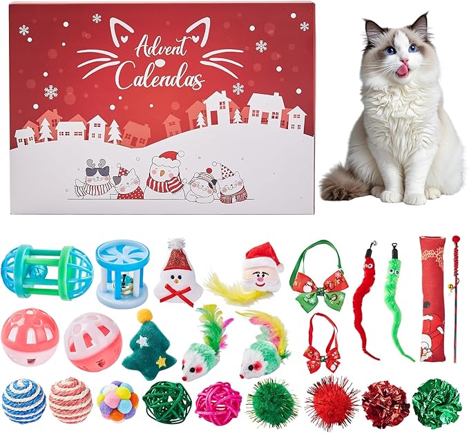 Christmas Cat Toy Advent Calendar 2025, 24 Days Xmas Cat Toys Countdown Calendar Gift Set for Cat Lovers with Mice Ball Bells Feather Teaser