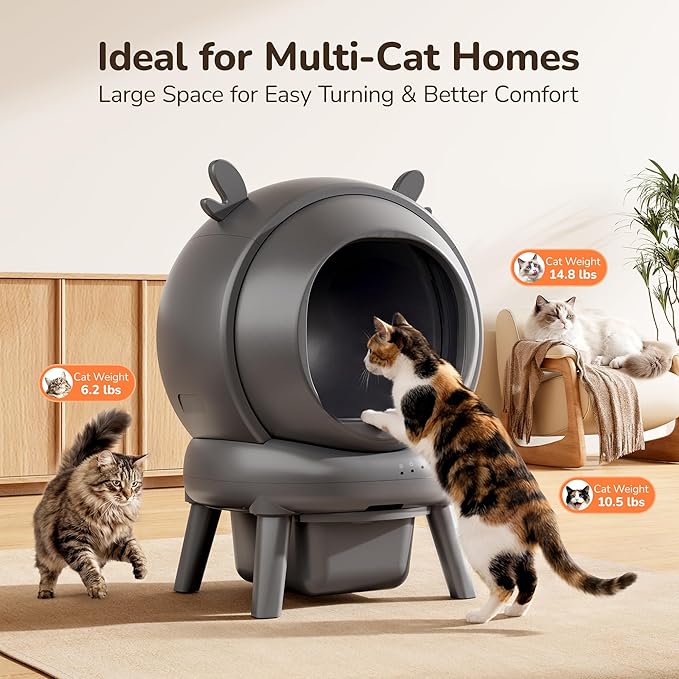 Automatic Self Cleaning Litter Box, Cat Litter Box with APP Control, 65L Globe & Dual Safety Sensors, Robot Litter Box, 1 Roll Garbage Bags and Litter Mat, <35DB, Grey