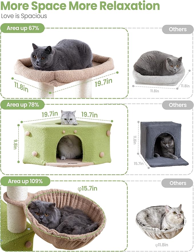 Cat Tree Tower for Large Cats Adult - 60 Inch XXL Sturdy Heavy Duty Extra Wide Scratching Posts (φ4.4in) Condo - Indoor Big Cat House Hammock Perch - XL Wood Multi Level Feline Pet Bed Trees Houses