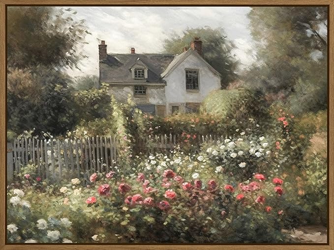 Vintage Rose Garden Wall Art Antique Cottage Canvas Oil Painting Nature Flowers Landscape Picture Rustic Farmhouse Wall Decor for Bedroom Bathroom Home Office Kitchen Decoration - 12x16 Inch Framed