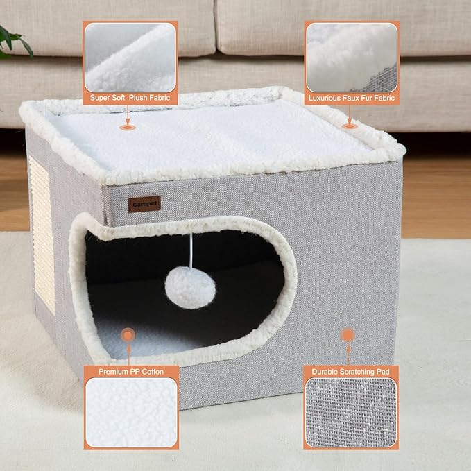 Garnpet Cat Bed for Indoor Cats Cube House, Covered Cat Cave Beds & Furniture with Scratch Pad and Hideaway Tent, Cute Modern Cat Condo for Multi Small Pet Large Kitten Kitty, Green