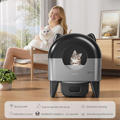 Automatic Self Cleaning Litter Box,95L Large Capacity Smart Cat Litter Box with App Control,8 Safety Sensors for Multiple Cats,Advanced Odor Control,6-Color Night Light(Black)