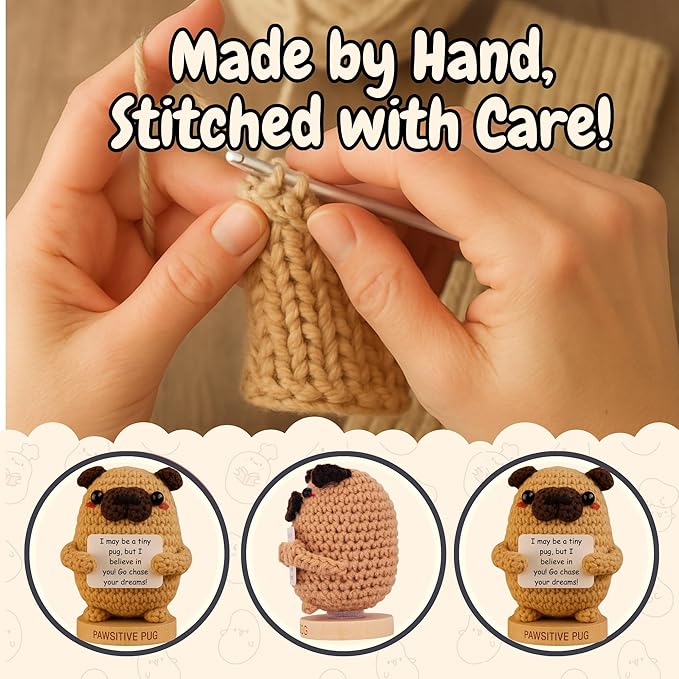 Pug Gifts for Pug Lovers - Tiny Positive Crochet Animal with 30 Uplifting Signs for Dog Owners - Funny and Cute Emotional Support Presents Idea for Mothers Day - Dog Mom Gift for Women Birthday