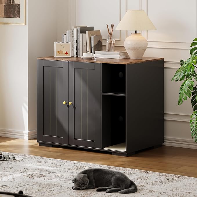 Garvee Dog-Proof Large Cat Litter Box Enclosure with Scratch Pad, Large Automatic Litter Box Furniture for Placing Self-Cleaning Litter Box,Litter Cabinet with Outlet,Space for Cat Stuffs