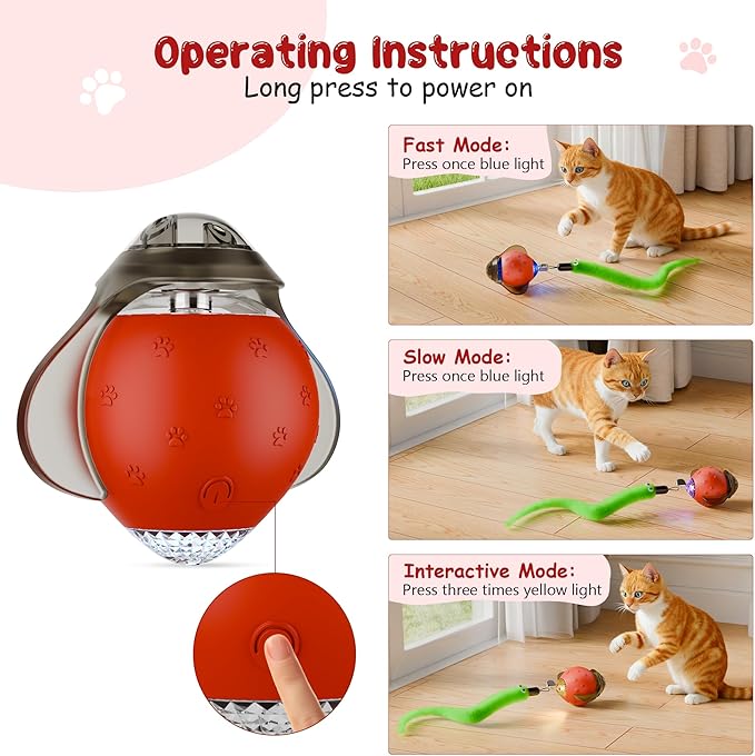 Interactive Cat Toy Ball – Firefly Automatic Moving Electric Kitten Toy with 2 Feather Tails, 3-Speed Modes, USB Rechargeable, Chirping Sounds & Motion Activation for Bored Cats