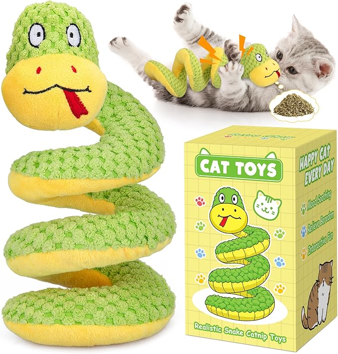 Retro Shaw Interactive Snake Cat Toy - 11 in Realistic Catnip Toy with SilverVine & Crinkle Sound, Bite-Resistant Plush Kicker for Indoor Cats Exercise, Teething & Boredom Relief, Spring-Loaded Design