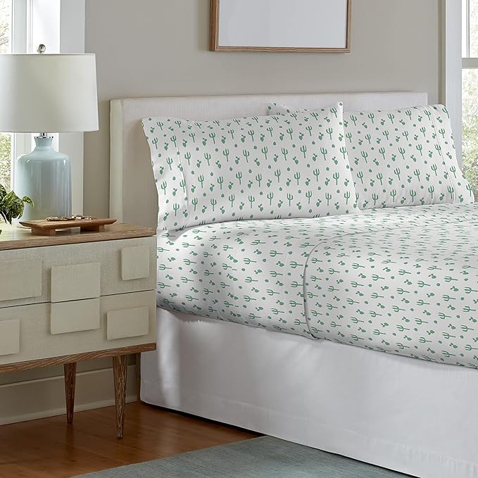Pointehaven 180 GSM Velvet Feel Luxury 100% Cotton Printed Flannel Sheet Set, King, Cactus - Warm & Cozy - Pre-Shrunk -Deep Pockets - Elastic All Around-Comfy Double Brushed -