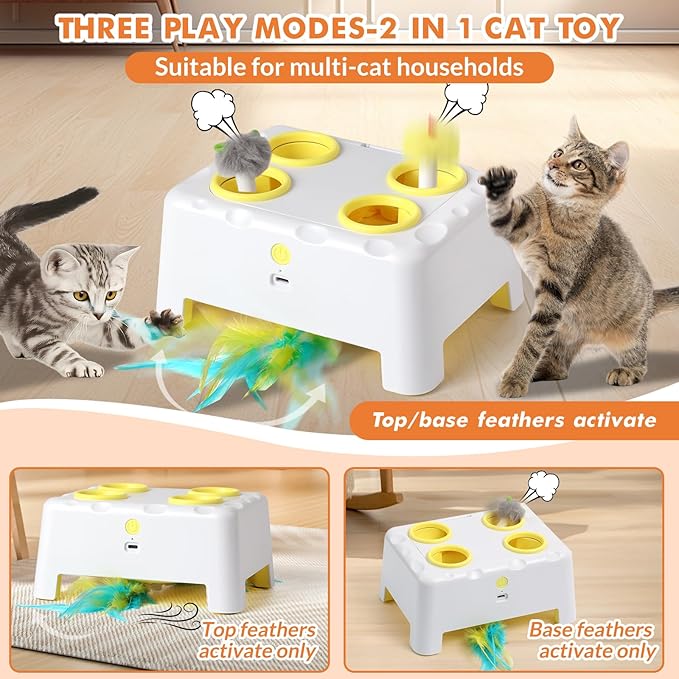 Interactive Cat Toys for Indoor Cats, 2-in-1 Cat Toys Interactive for Bored Indoor Adult Cats, Automatic Electronic Feather Cat Toy, 4 Holes Mole, Rotating Feather, USB Rechargeable