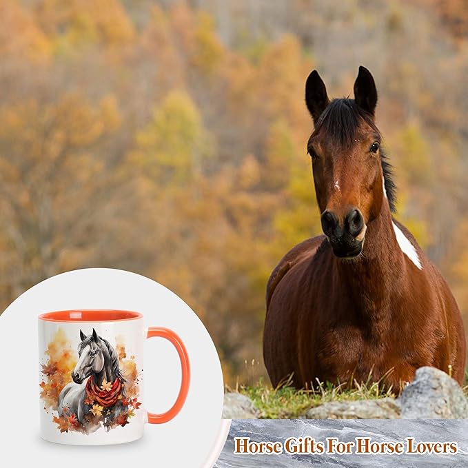 Hyturtle Fall Horse Coffee Mug - Birthday Gifts For Horse Lovers - Fall Autumn Decor Gifts For Farmhouse Thanksgiving - Horses Gift For Women - 11oz Two Tone Orange/White Ceramic Coffee Tea Mug Cup