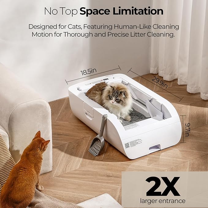 Open-Top Self Cleaning Cat Litter Box Automatic with Smart APP Control, Anti Pinch and Odorless, Whisper Quiet, Free Waste Bag/Litter Mat/Cleaning Brush/Mineral Cat Litter (Cream White)
