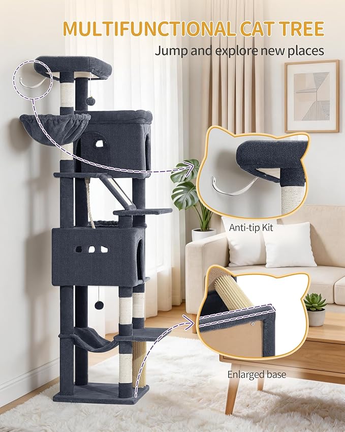 Hzuaneri Large Sturdy Cat Tree Tower, 75 Inch Tall Pet Condo for 7 Large Cats, Cat Tree Indoor Climbing Activity Tower, 2 Large Platform/2 Cave/2 Hanging Basket/5 Scratching Post, Dark Grey MS19018SG